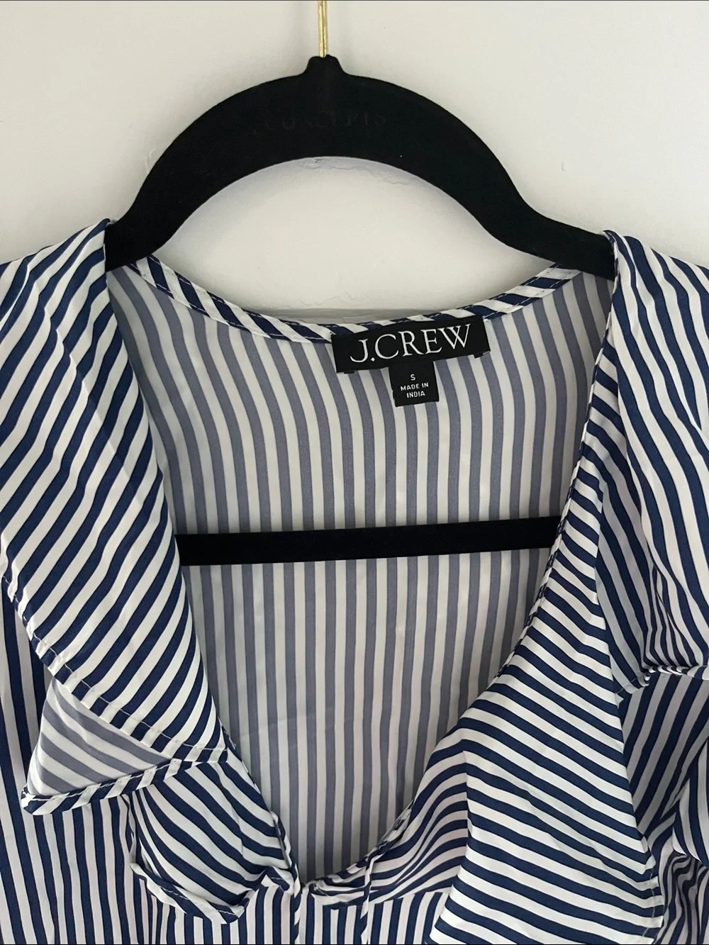 J. Crew Navy and White Striped Ruffle Collar Blouse
